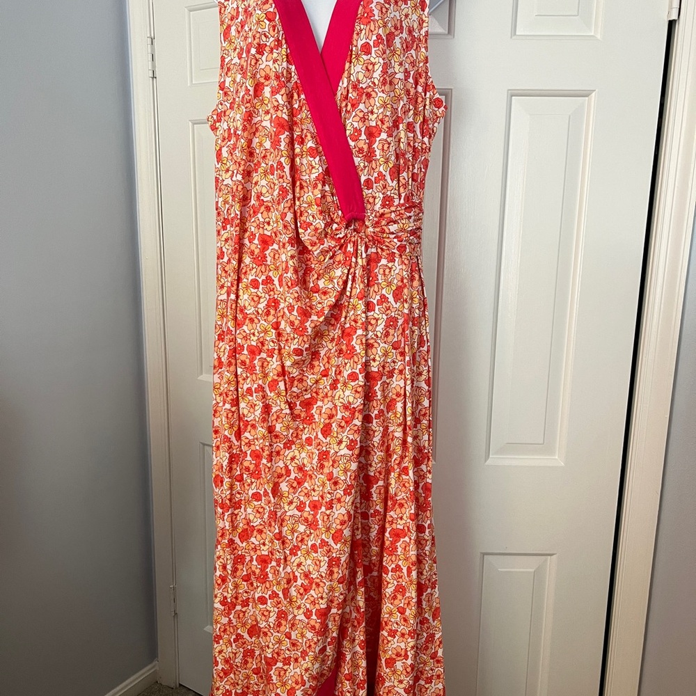 Floral Wrap Maxi Dress in Coral and Pink Land's End 1X